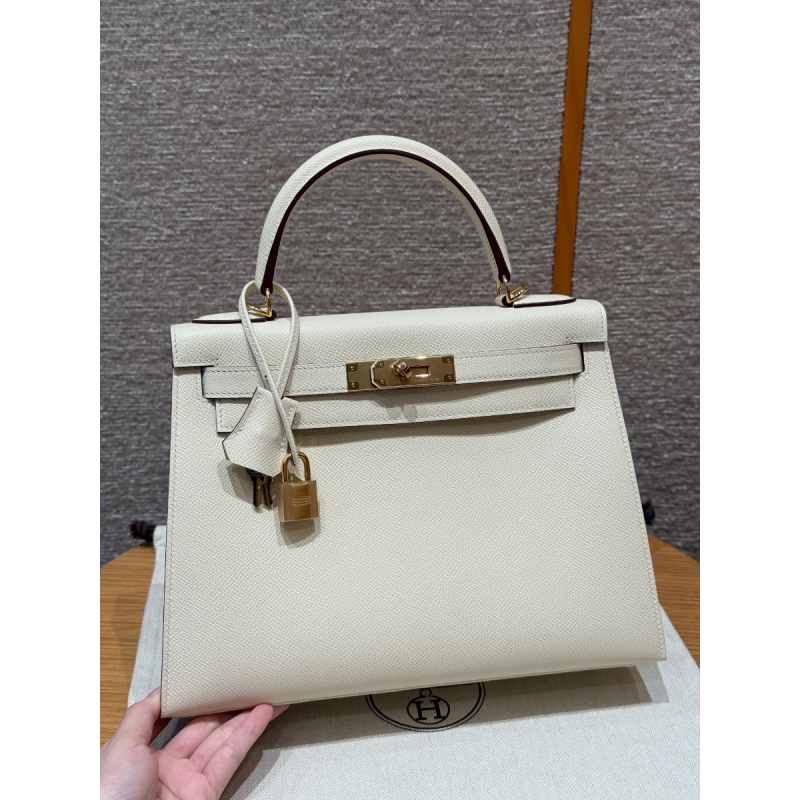 Hermes Kelly 25 / 28  in Epsom Leather-Cream white